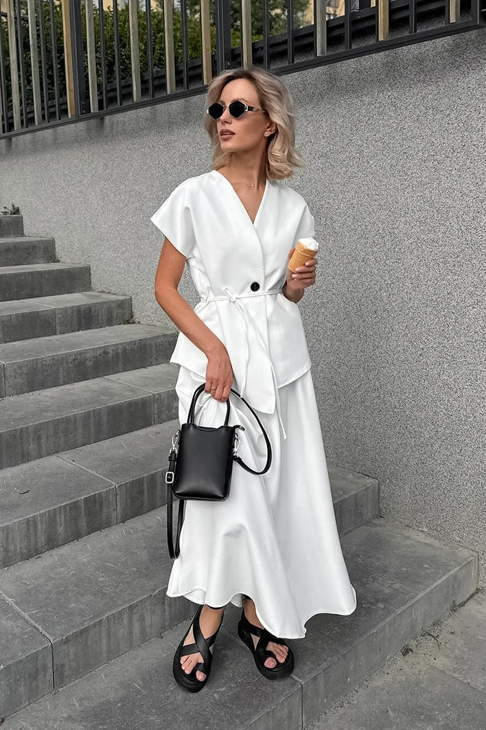 Minimalist Tie Sleeveless Midi A Line Skirt Set