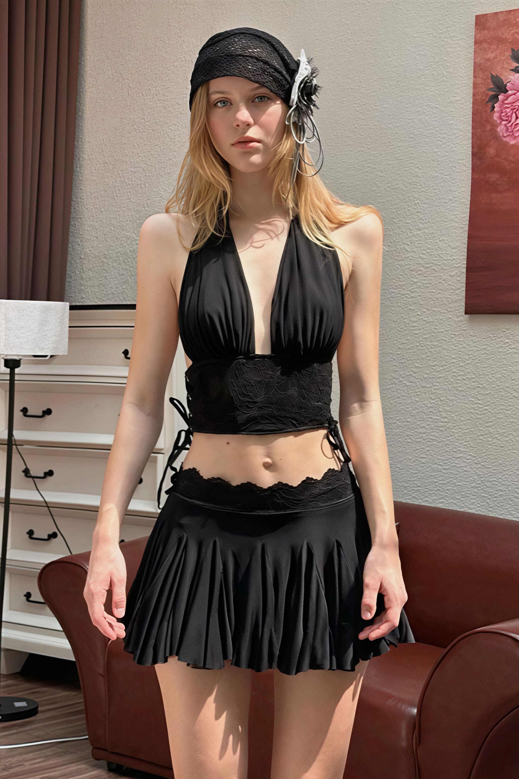 Solides Spitzen-Set mit tiefem V-Ausschnitt, schmalem Schnitt und Neckholder-Rock