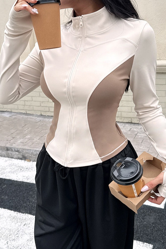 Cardigan a collo alto con cerniera, aderente, a blocchi di colore, giacca per pilates e corsa