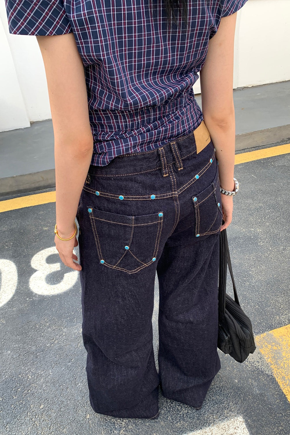 Retro Solid Diamond Accent Wide Leg Jeans