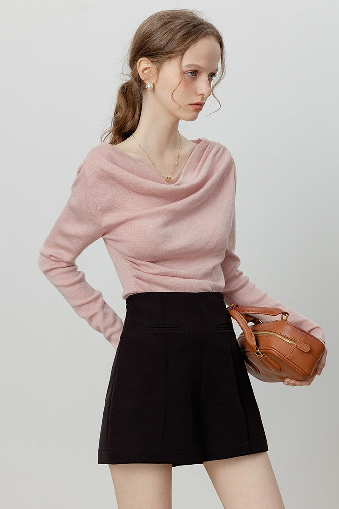 T-shirt chic à manches longues avec col bénitier, taille nouée et épaules dénudées