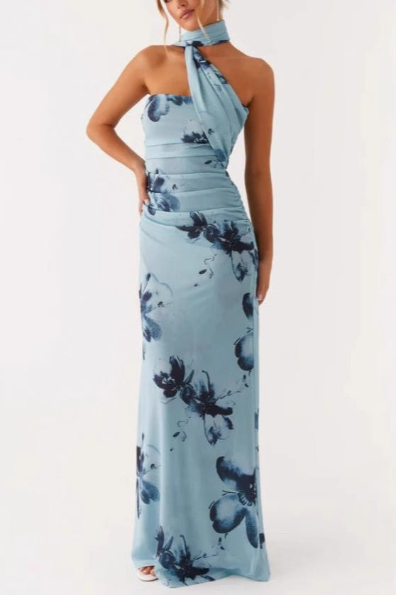 Robe longue de fête en filet à fines bretelles nouées