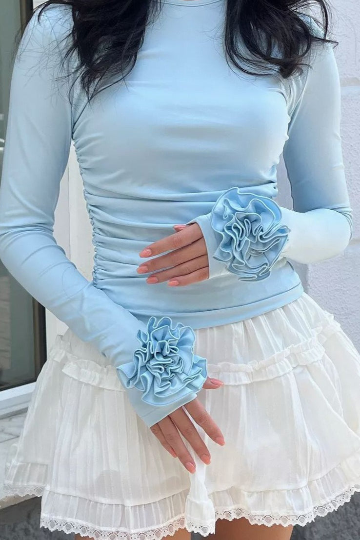 Maglietta a maniche lunghe aderente con motivo floreale tridimensionale