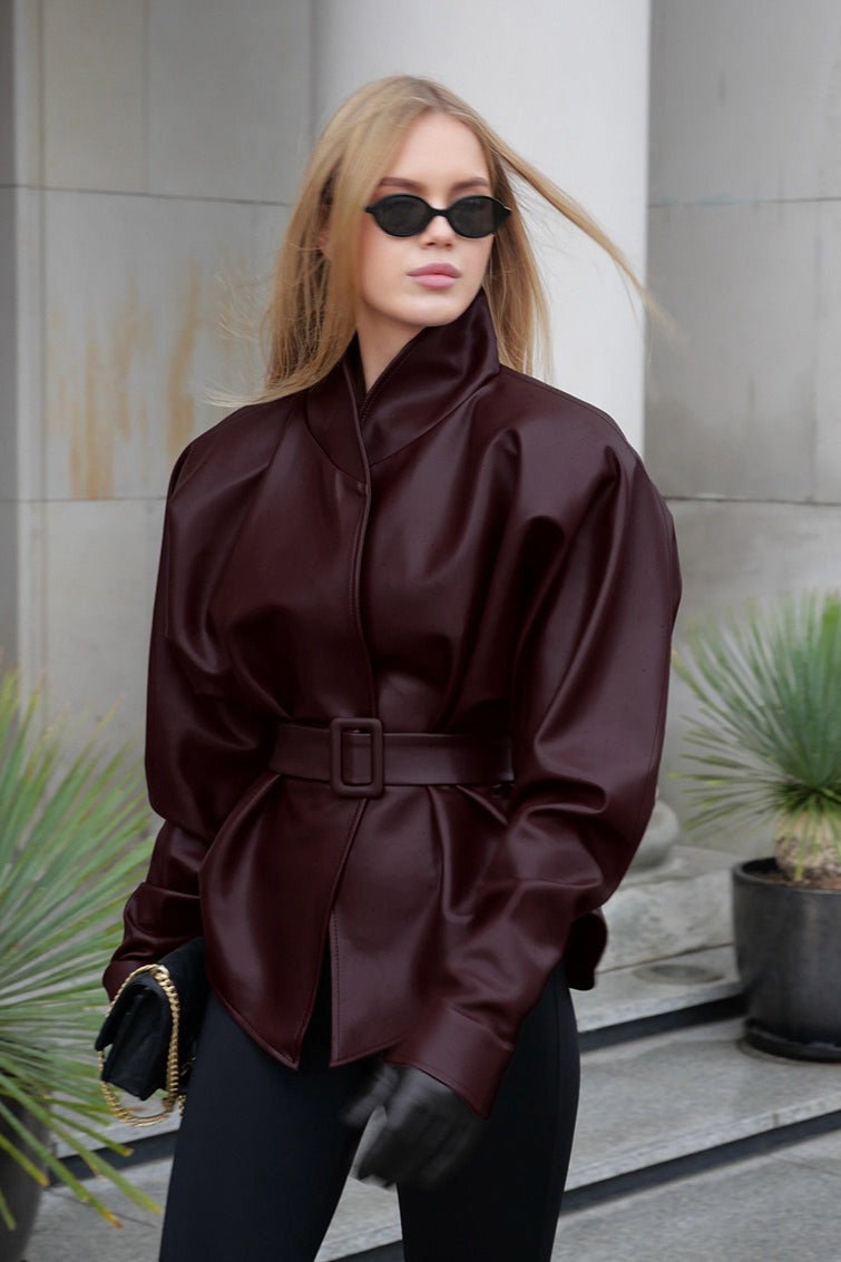 Lederjacke mit Stehkragen und Trenchcoat-Stil