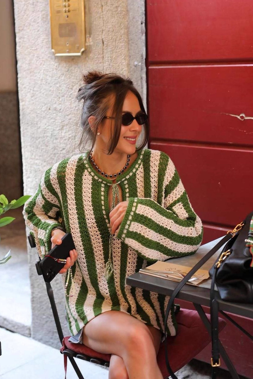 Green White Striped Tie Front Sweater