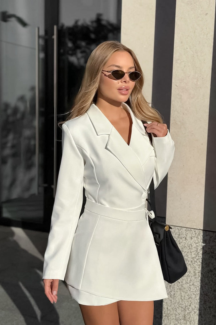 White Tailored Wrap Waist A Line Elegant Mini Dress
