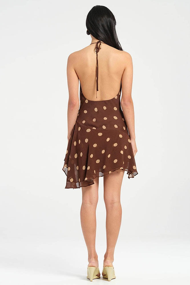 Polka-Punkt-Chiffon Neckholder Kleid mit tiefem V-Ausschnitt, Schlitz und rückenfrei, Mini