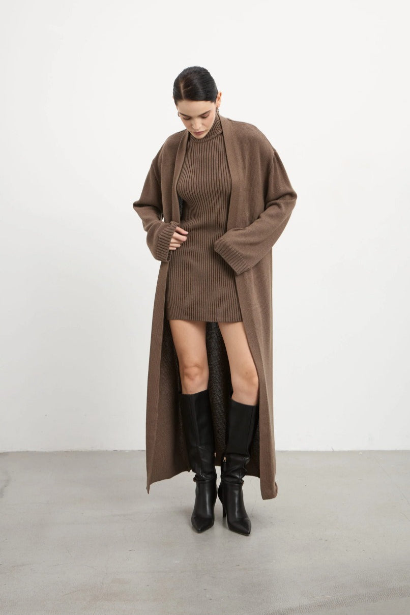 Knit Tank Dress Fitted Long Cardigan Two Piece Set