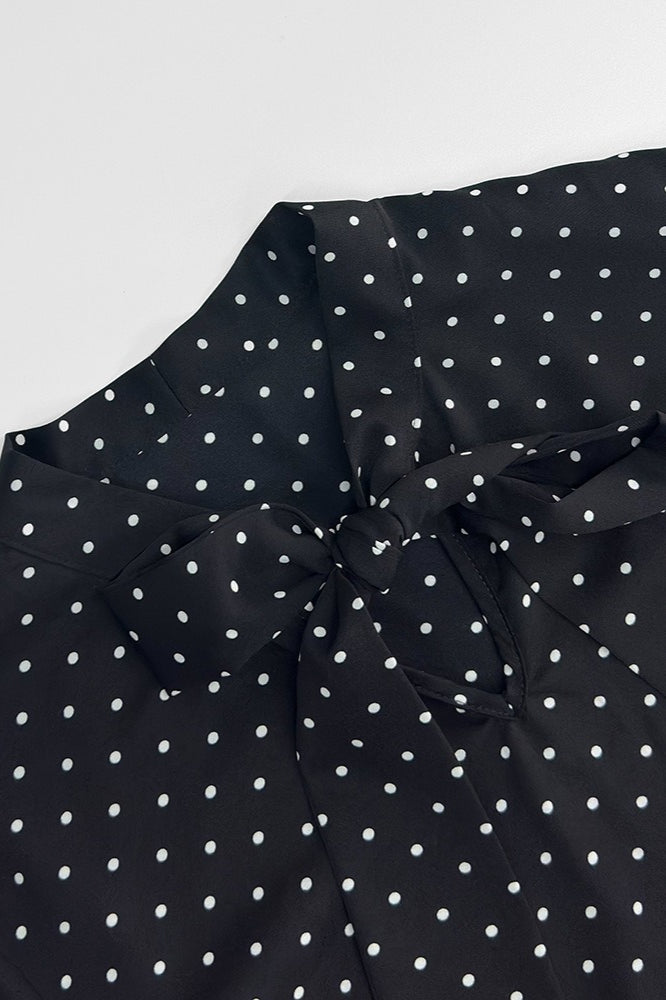 Polka Dot Tie Neck Flare Sleeve Blouse