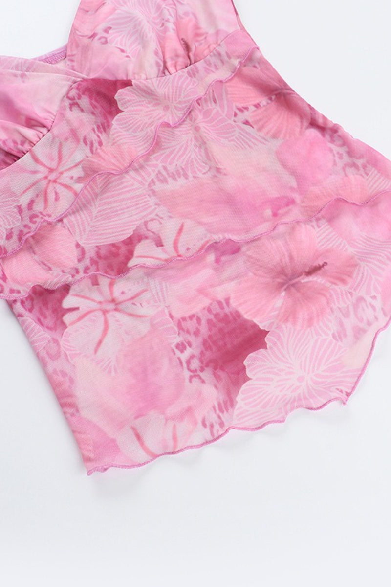 Floral Trim Chiffon Waist Cinched Padded Cami Top