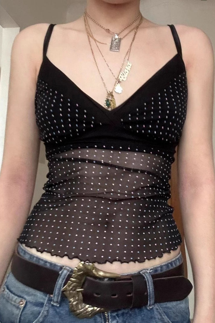 Durchscheinendes Neckholder-Bauchfreies Oberteil mit V-Ausschnitt und Tupfenmuster