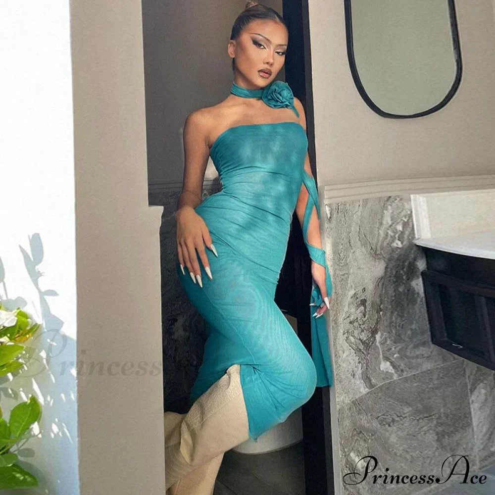 Abito midi classico aderente da festa senza spalline con dettaglio collana floreale 3D - Nero