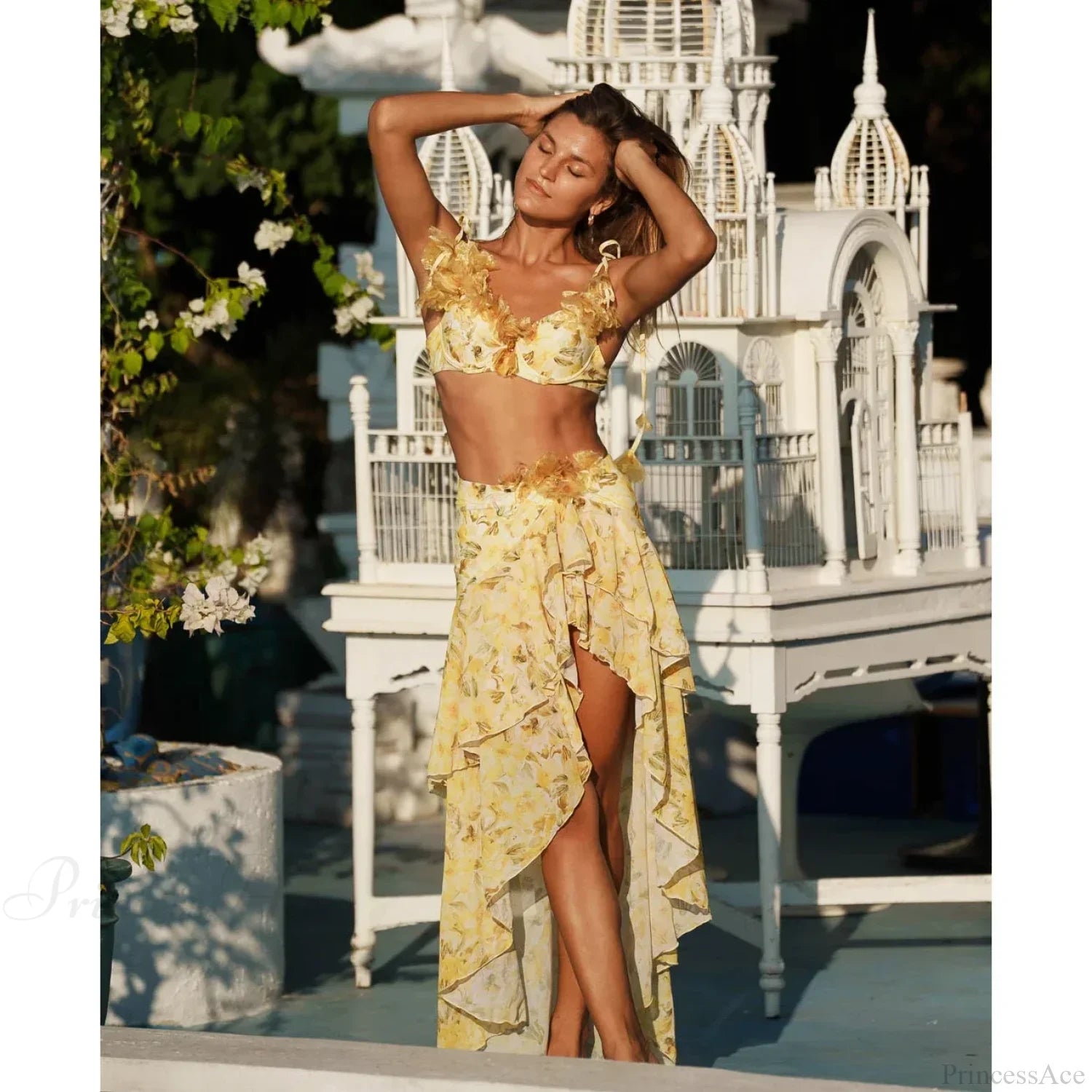 3D Floral Push up Skirt Two Piece Set