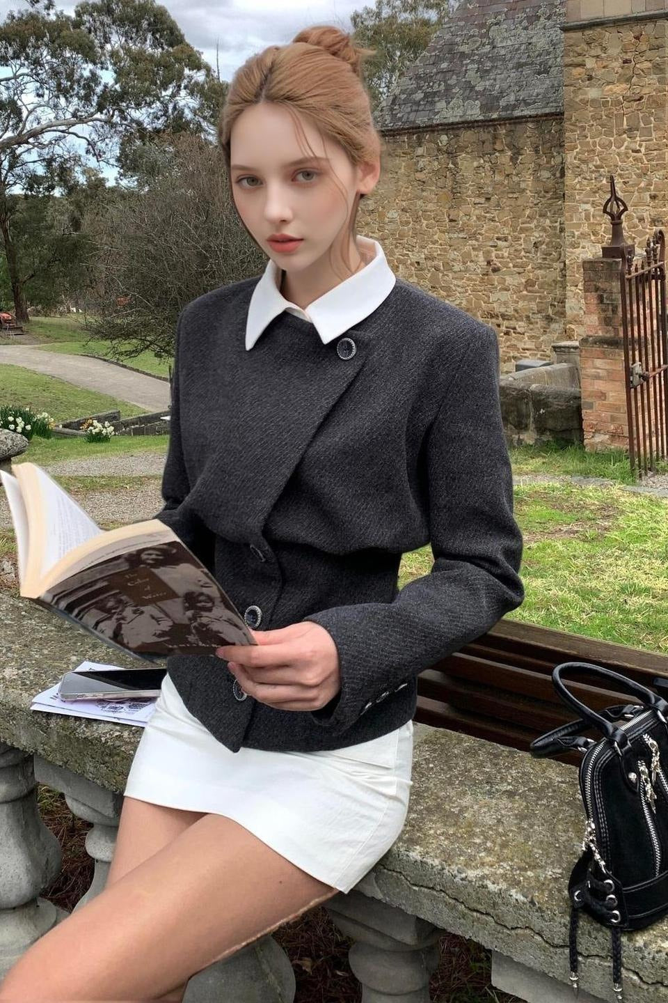 Elegant Solid Wool Faux Two-Piece Tapered Notch Collar Coat