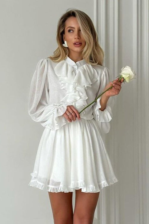 Elegant Ruffled Stand Collar Long Sleeve Mini Dress
