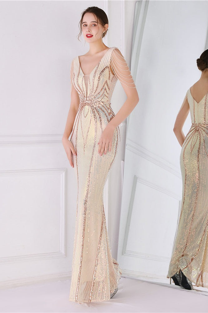 Vestido de fiesta sirena con lentejuelas y flores de cuentas