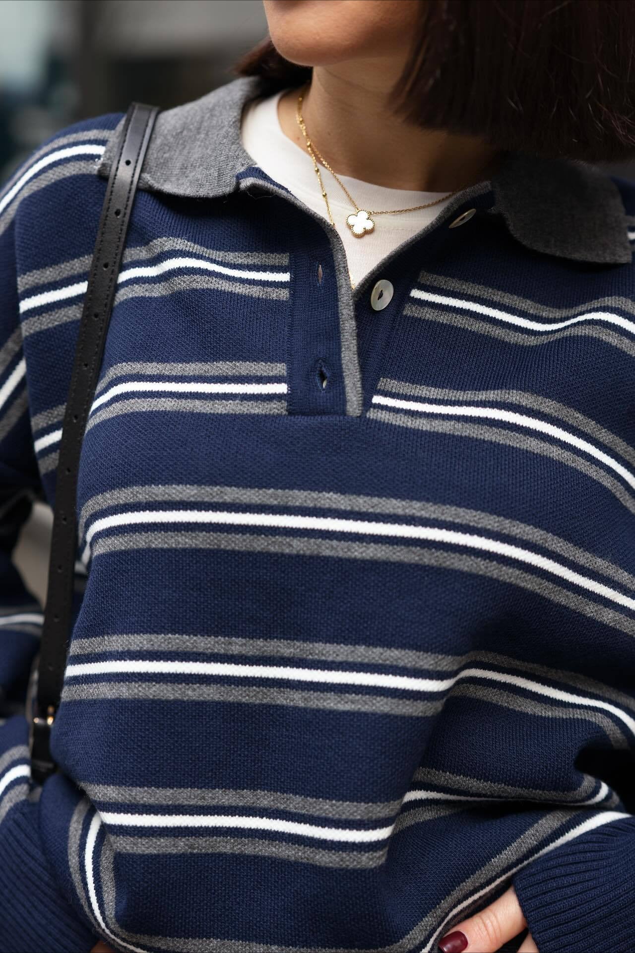 Striped Knit Pullover Collared Loose Sweater