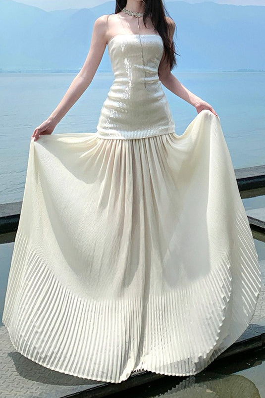 Pailletten-Patchwork Trägerloses Fließendes Maxikleid