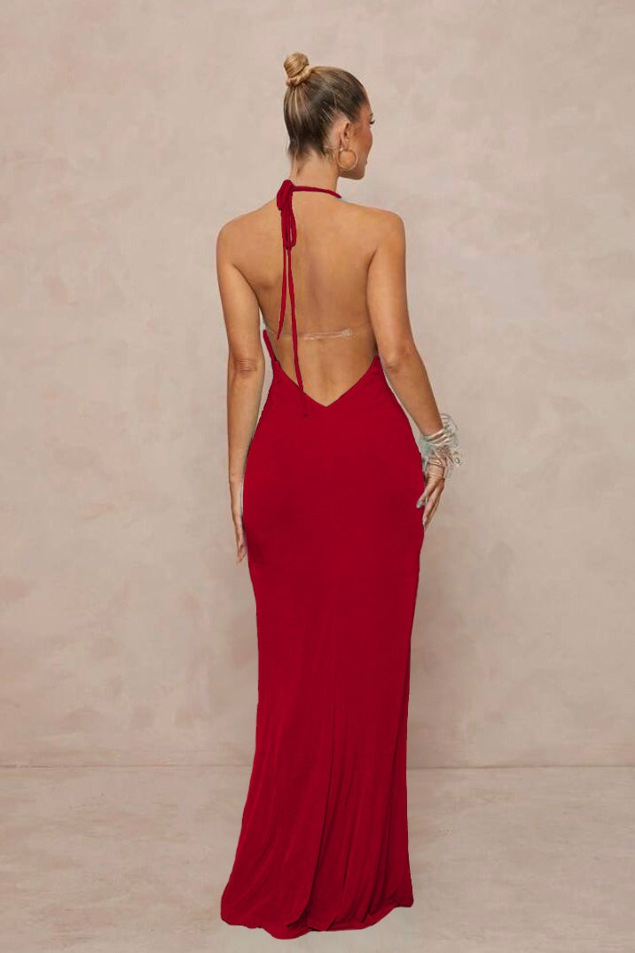 Maxikleid mit tiefem V-Ausschnitt, gerafftem Träger, Metallbesatz und rückenfrei