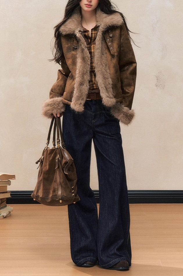 Abrigo de mezcla de lana con ribete de piel sintética marrón