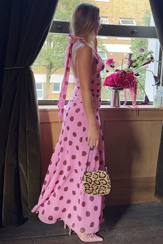 Retro maxi šaty s puntíky a zavazováním za krk, výstřih do V