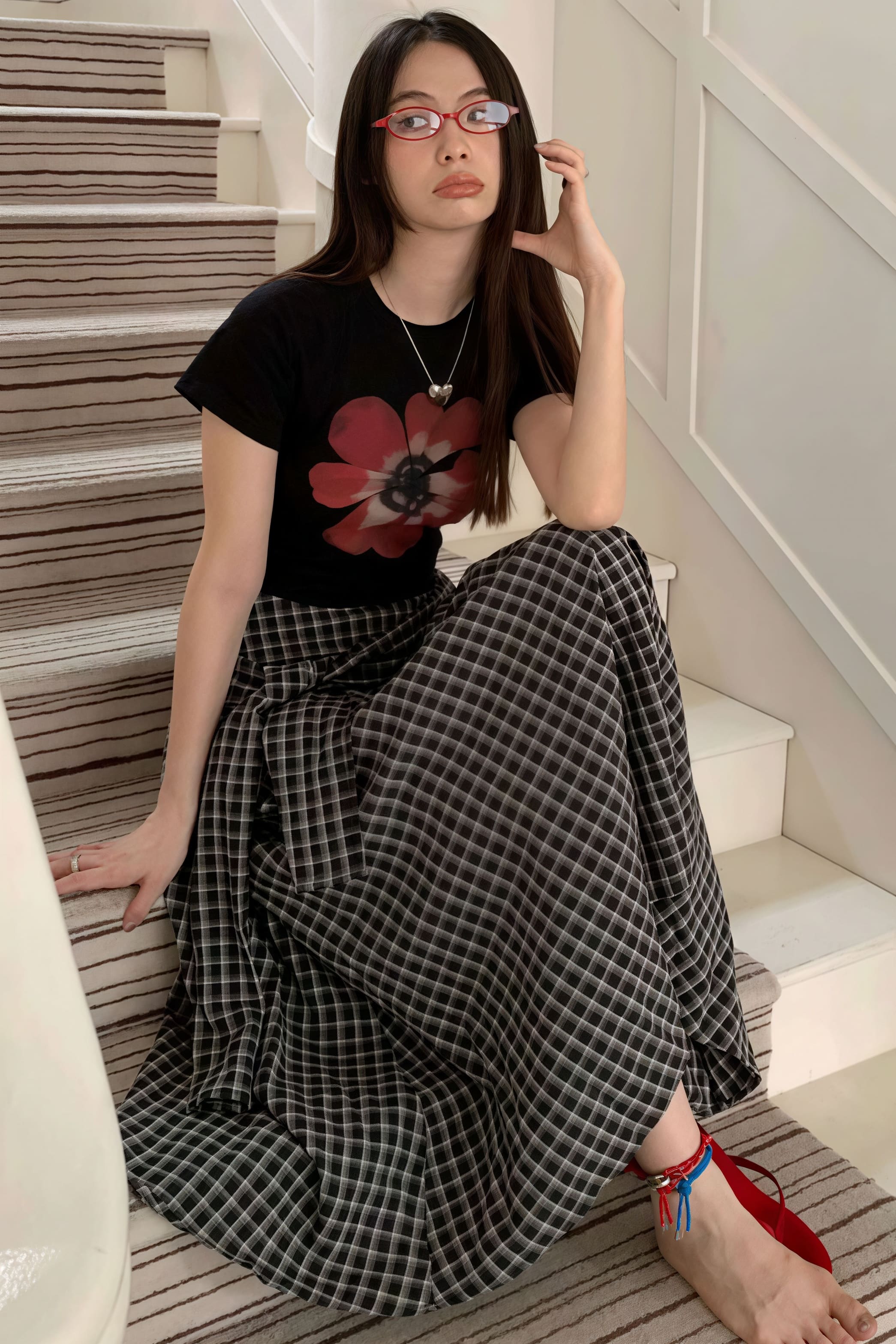 Color Block Plaid Tie Side Zip Loose Skirt