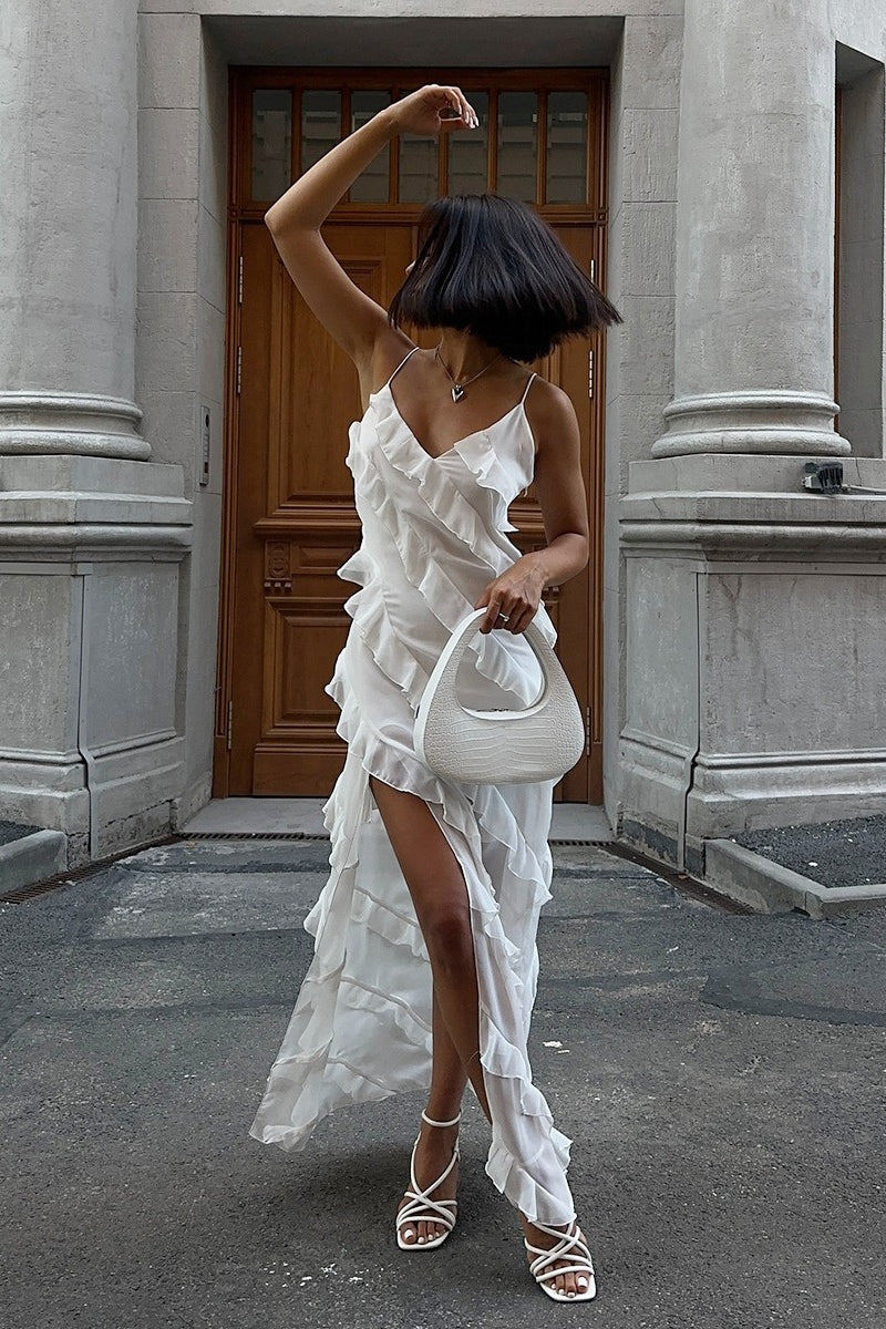 Vestido largo sexy con abertura, parches y volantes estilo camisola