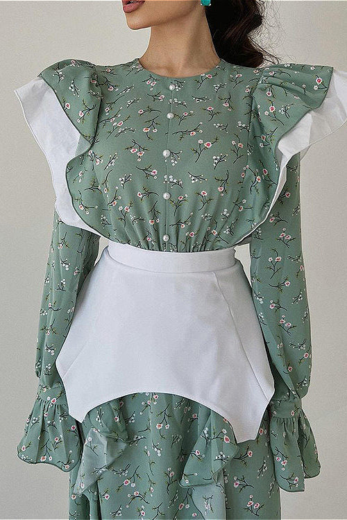 Removable Belt Long Sleeve Casual Floral Dress