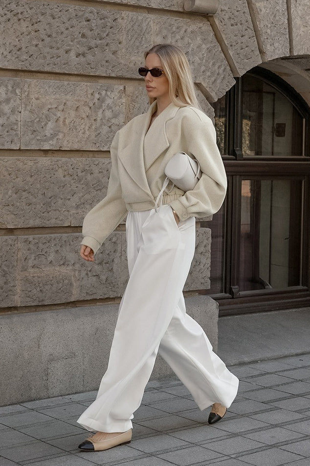 Retro Solid Wool Notch Collar Elastic Waist Coat