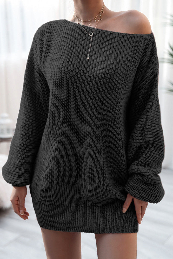 Ribbed Knit Boat Neck Long Sleeve Loose Mini Dress