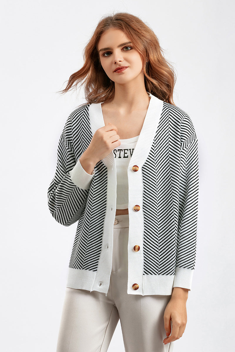 Gestreifter Strickpullover mit V-Ausschnitt und Knöpfen