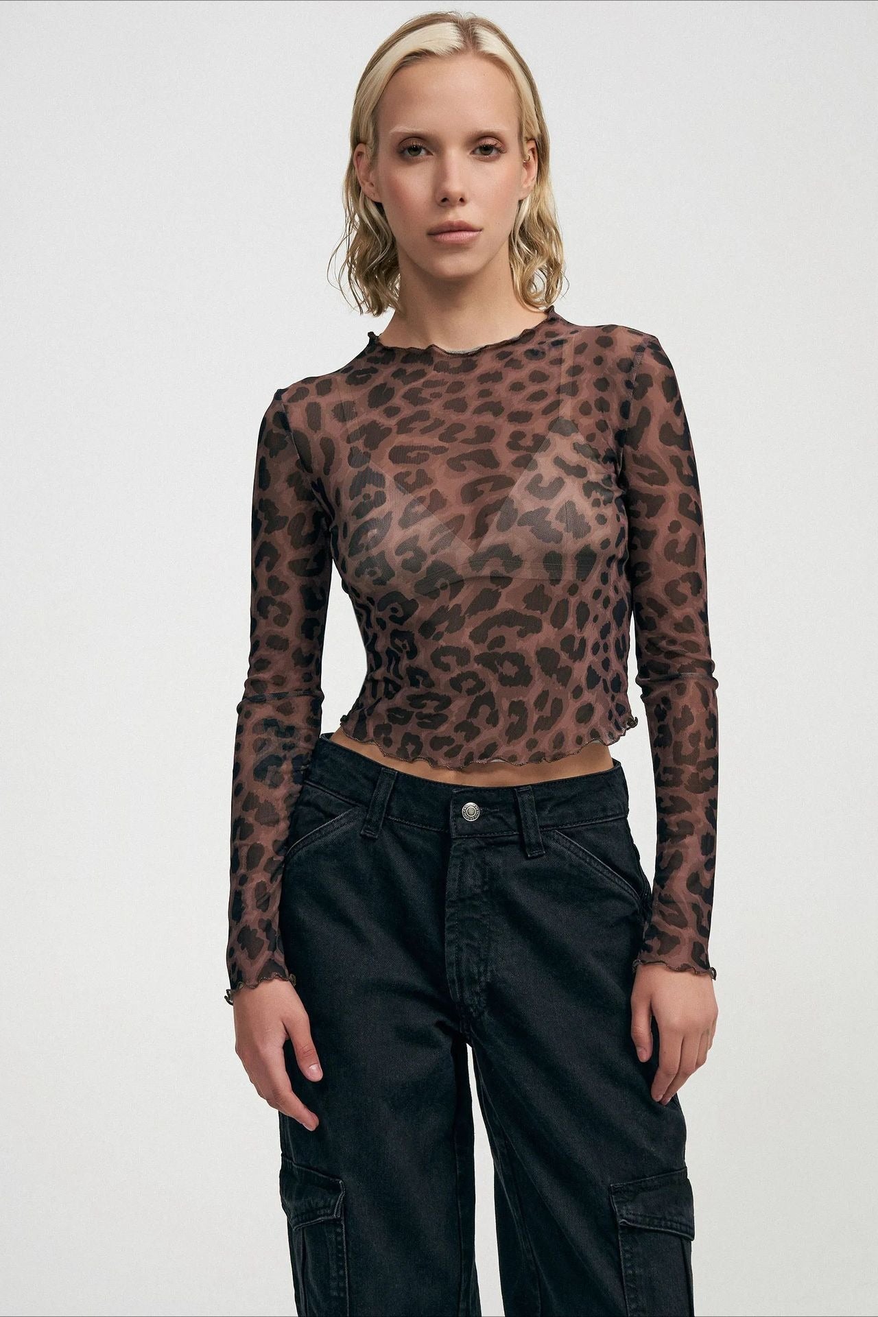 Top Cropped Justo Transparente Estampa de Onça