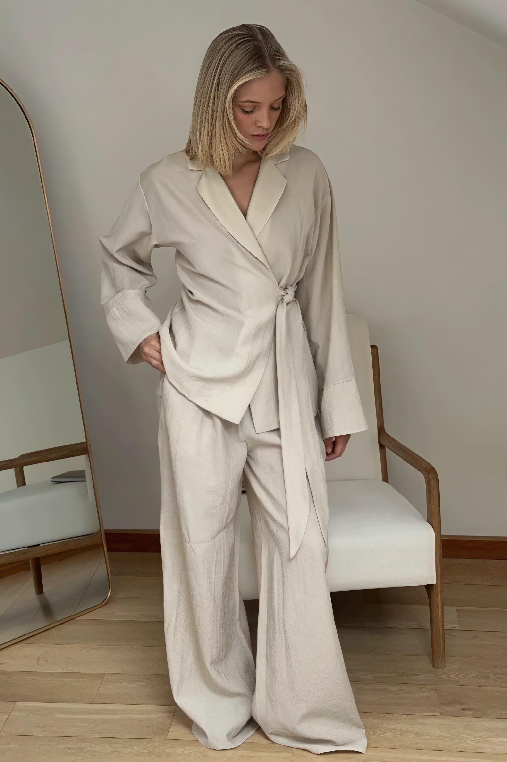 Tie Front Cardigan Loose Pants Two Piece Set