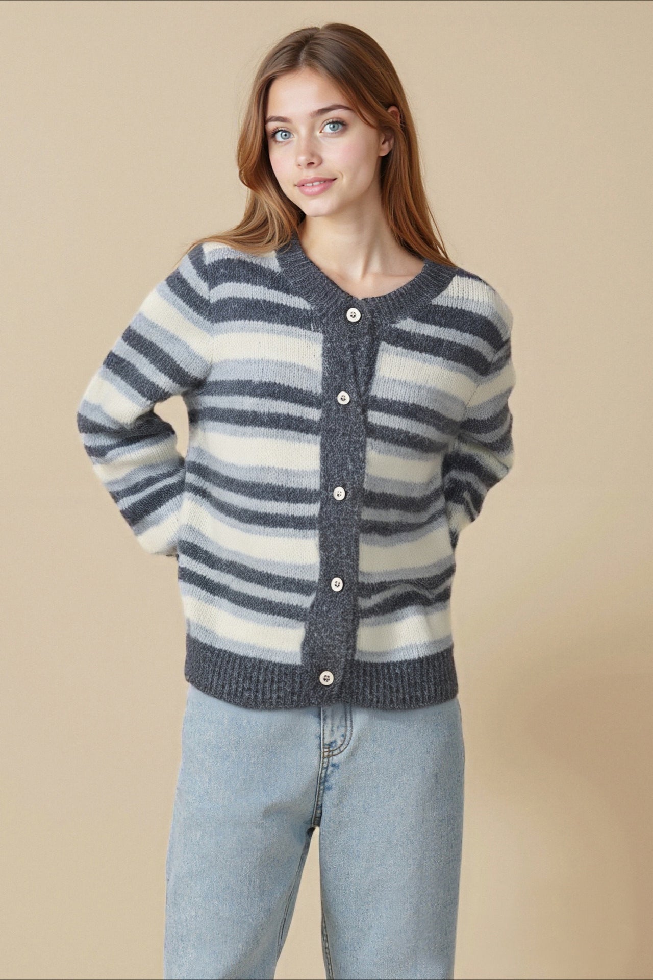 Retro Stripe Color Block Loose Slim Crew Neck Knit Cardigan