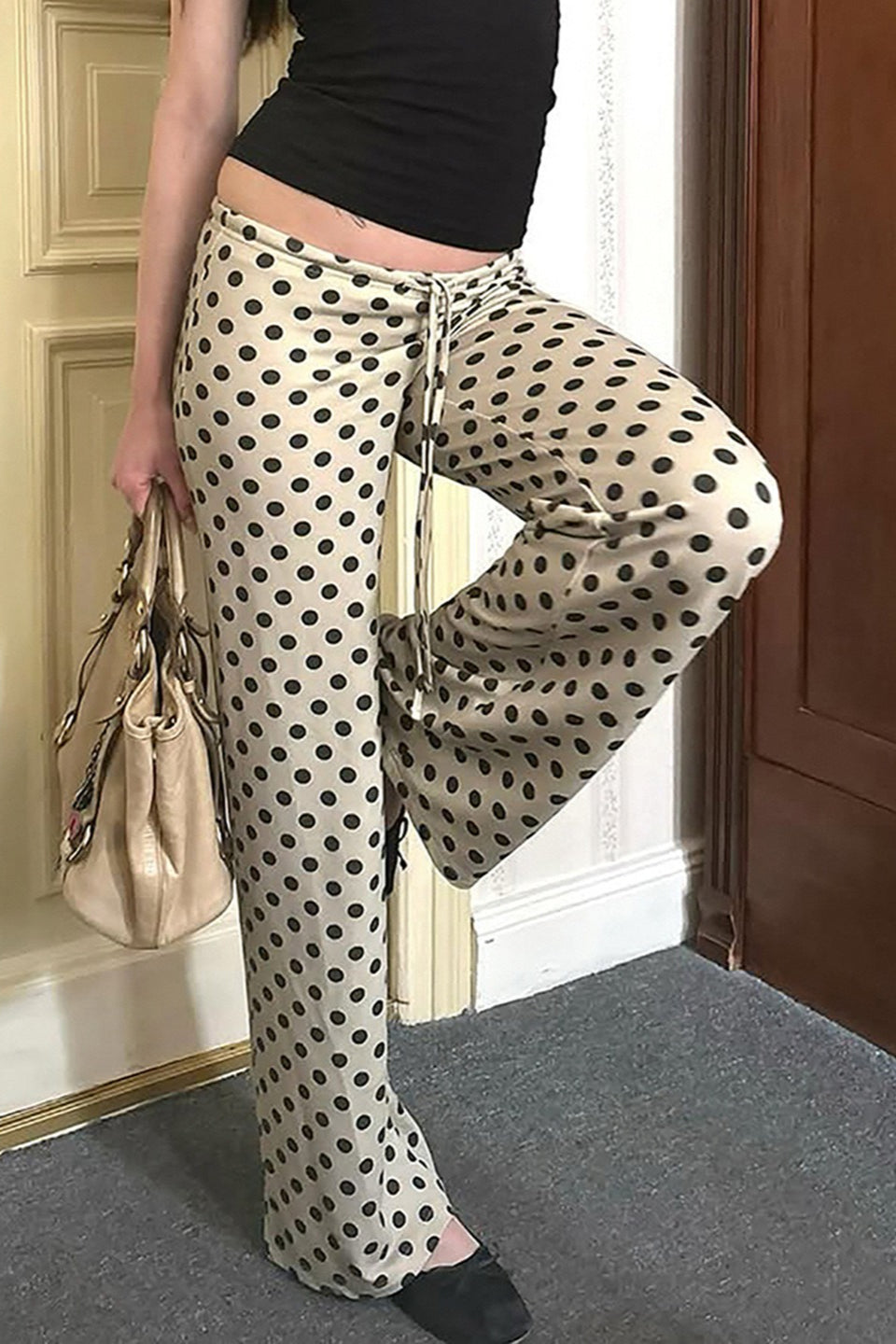 Calça Casual Solta Flare Vintage com Poás