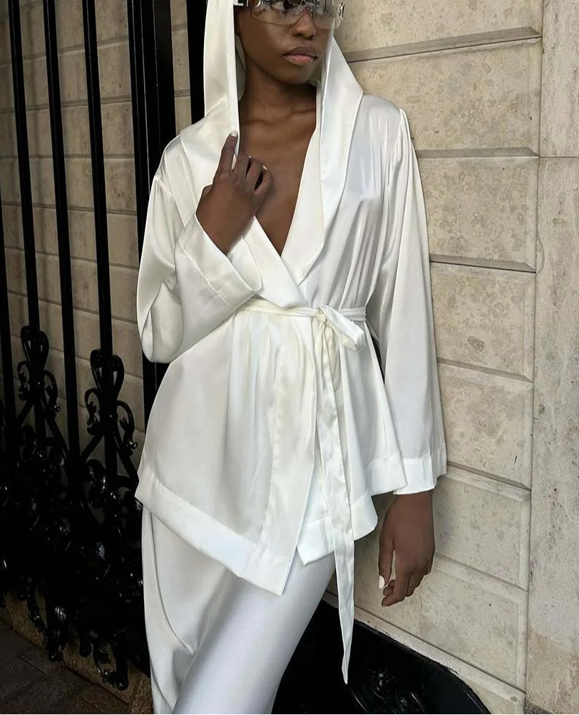 White Satin Hooded Slim Skirt Office Two Piece Set