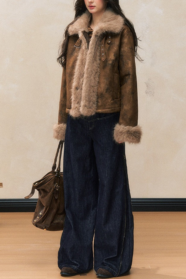 Abrigo de mezcla de lana con ribete de piel sintética marrón