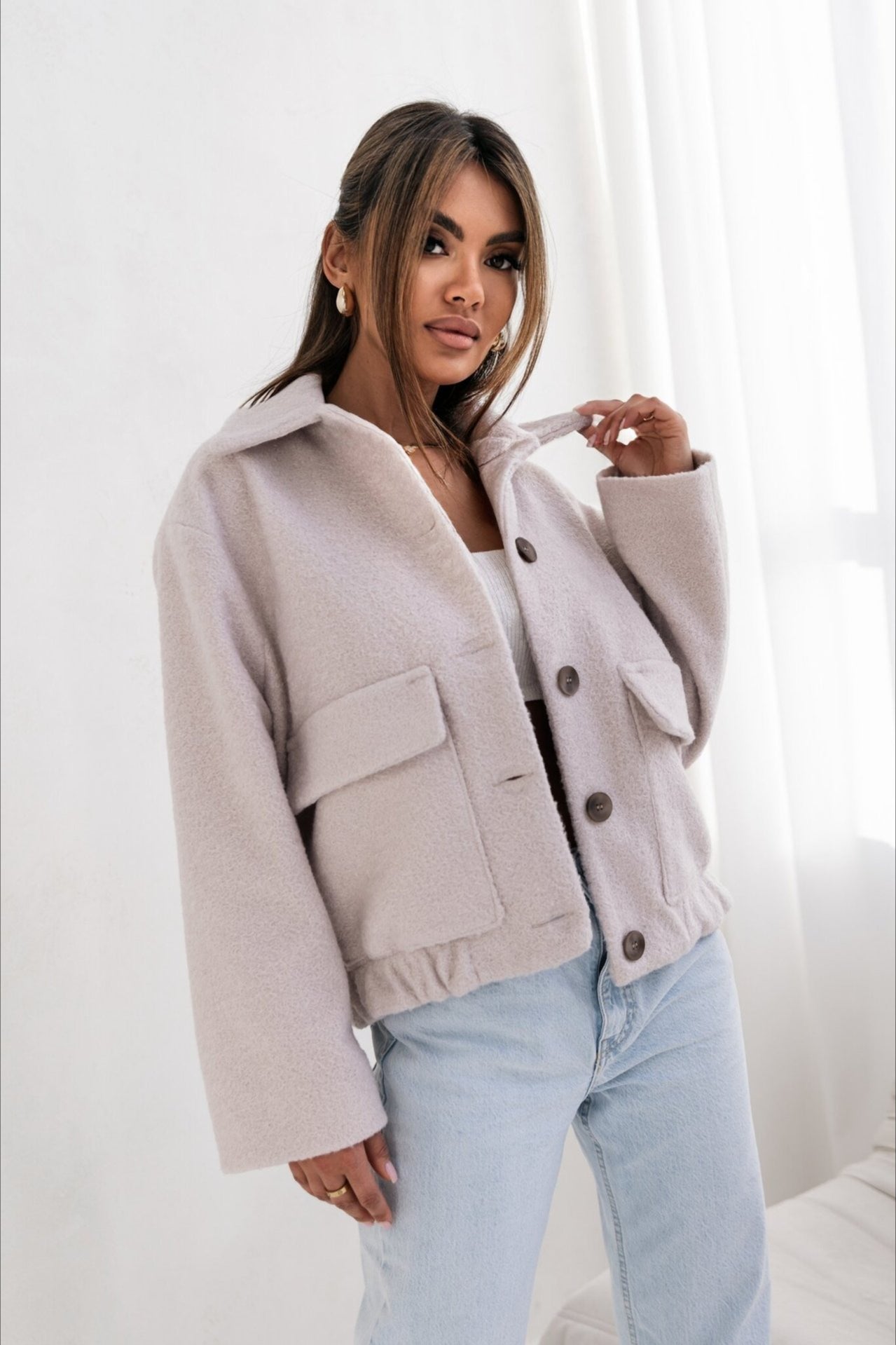 Abrigo de Lana Sólida a la Moda con Bolsillo, Elástico y Broche