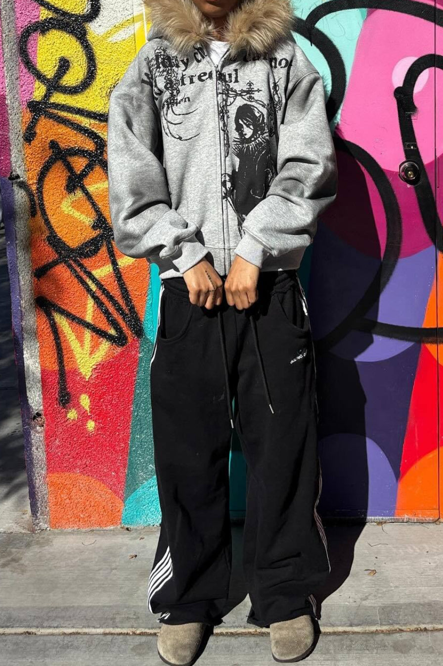 Straßenmuster Kapuzenpullover mit Pelzbesatz und lockerem Schnitt