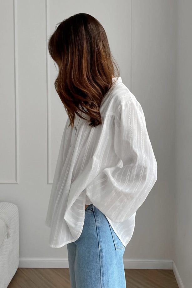 White Cotton Jacquard Stand Collar Blouse