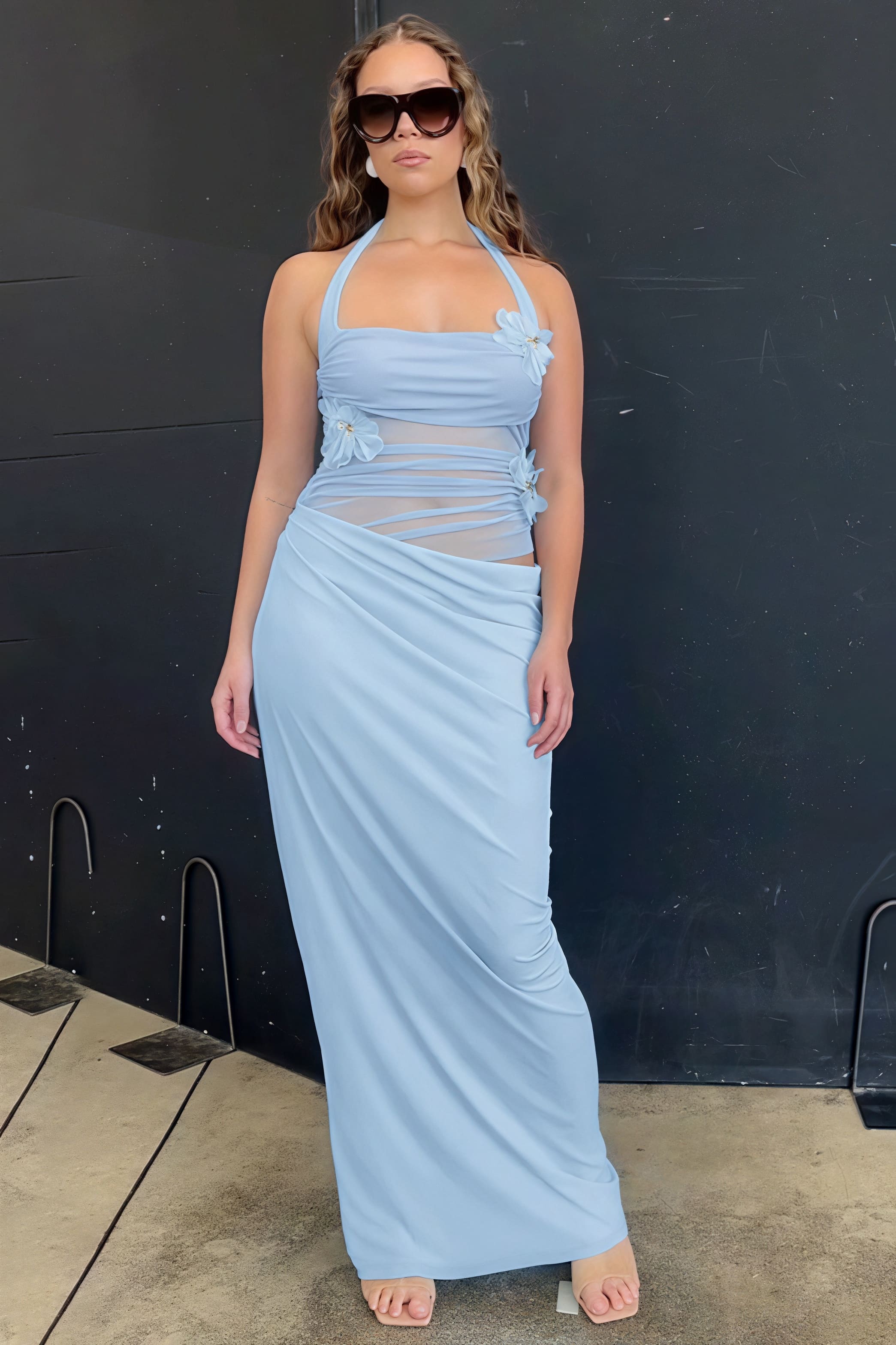 3D Blumenmuster Neckholder Schlank Geschnittenes Maxikleid mit Taillenausschnitt