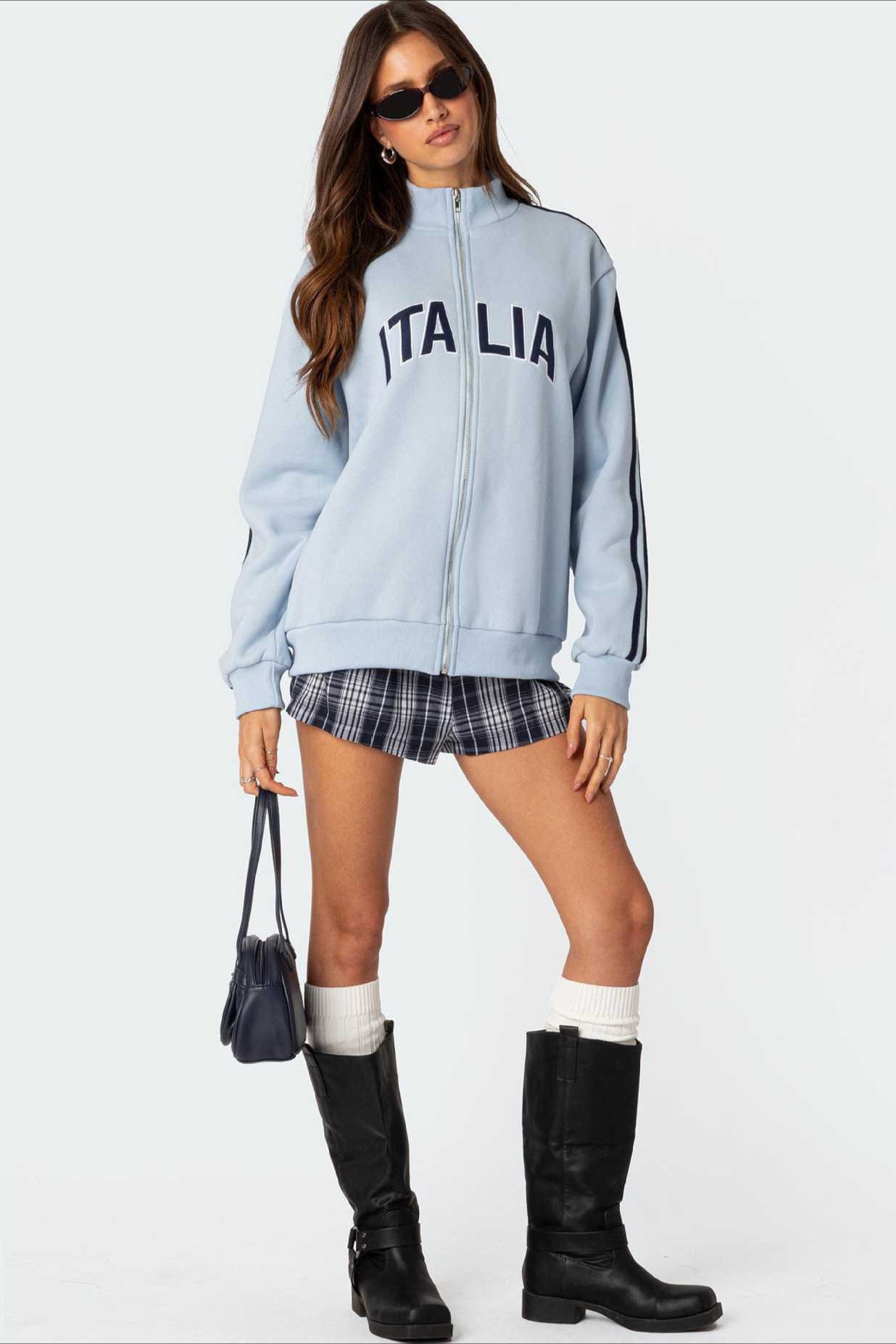 Stitched Letter Loose Mock Neck Zip Sweatshirt