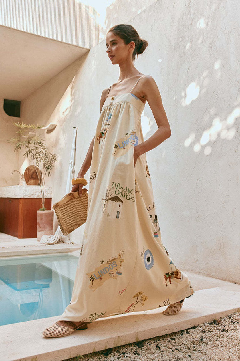 Abito lungo da vacanza in lino con sottili spalline sexy