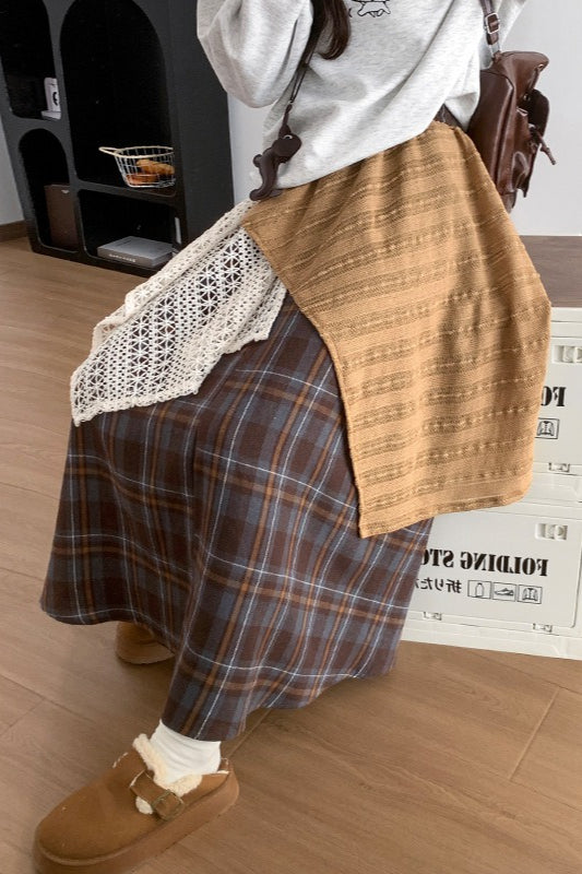 Asymmetric Lace Panel Plaid Skirt