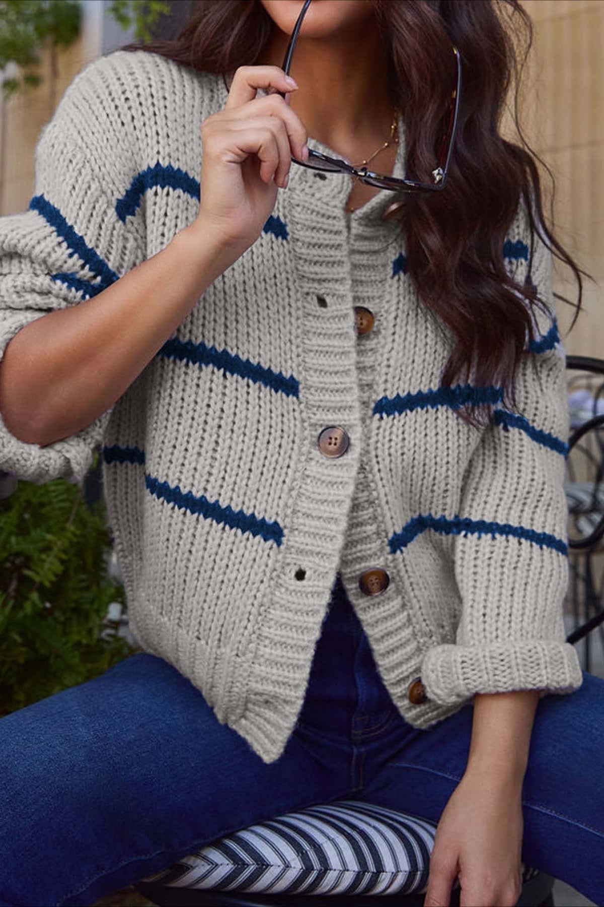 Chic Striped Relaxed Long Sleeve Knit Cardigan