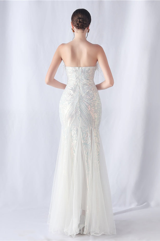 Abito da sera per festa con paillettes e piume di struzzo