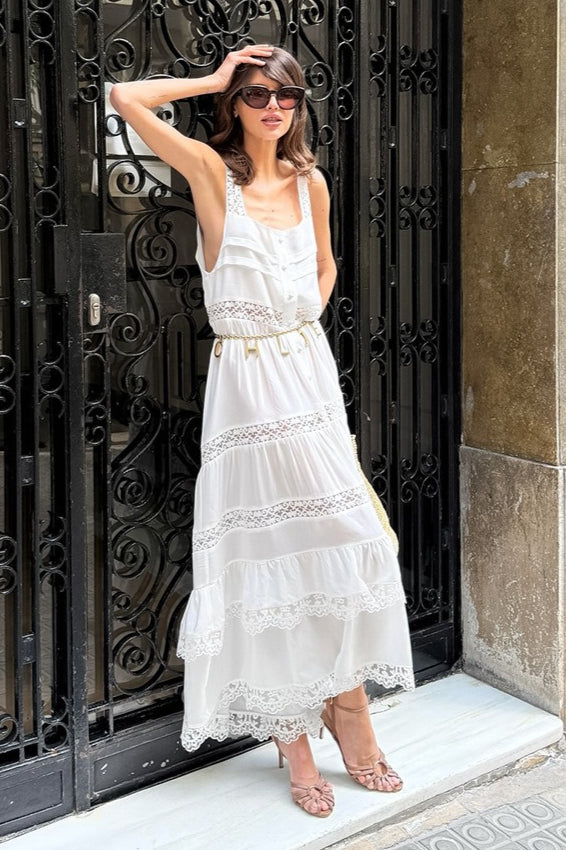 Boho krajkované šité volné maxi šaty s volánky