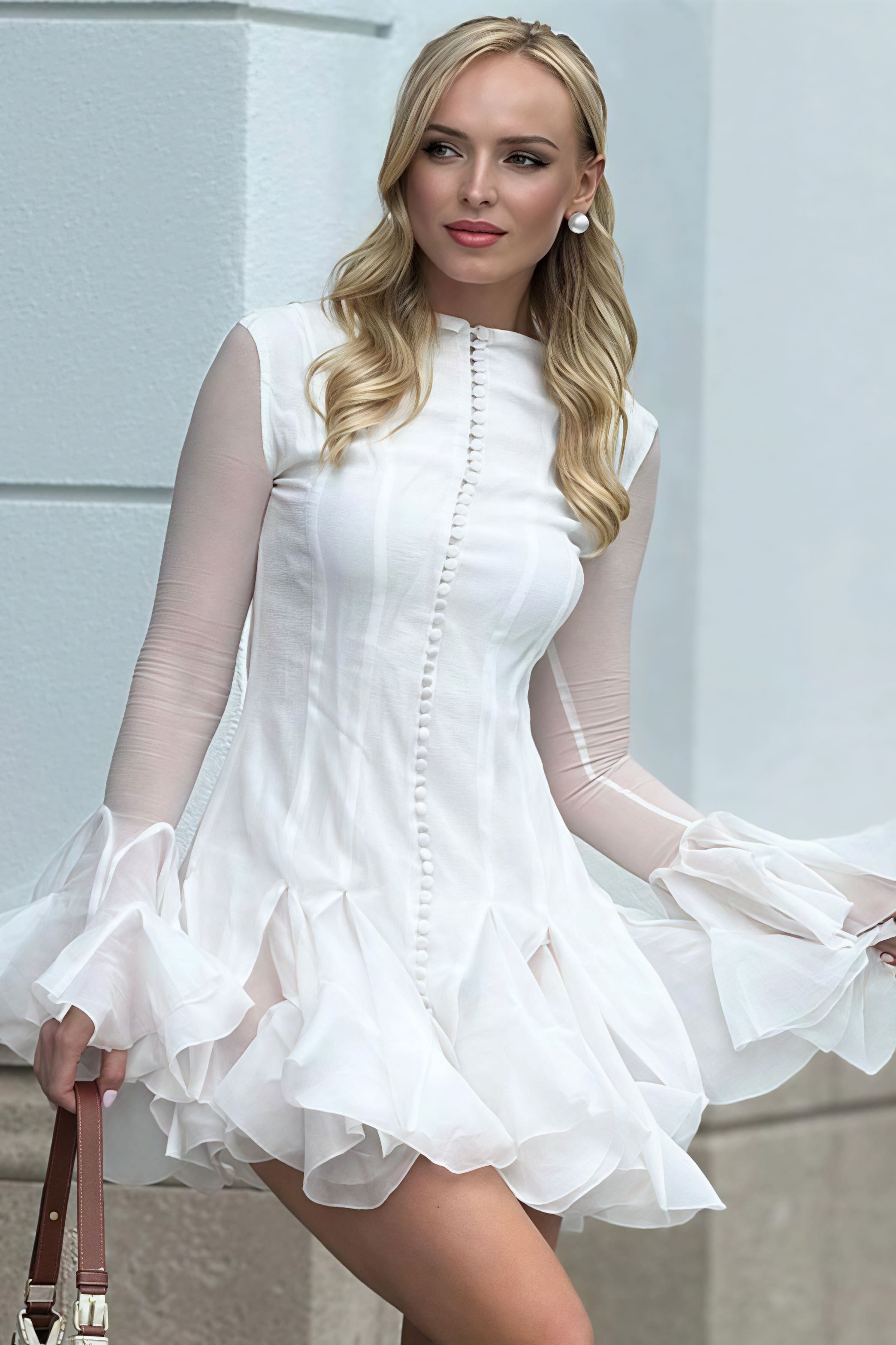 Elegantes Mini-Kleid mit Knöpfen, Rüschen und langen Puffärmeln