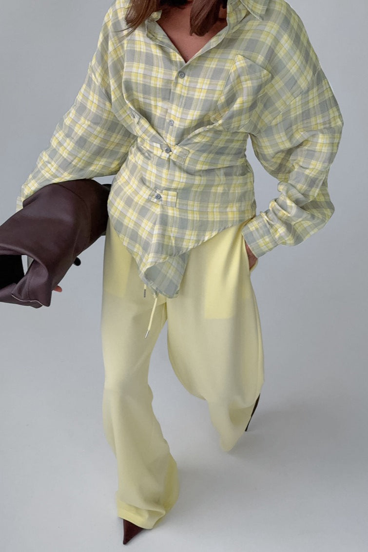 Color-block Plaid Belted Long Sleeve Blouse