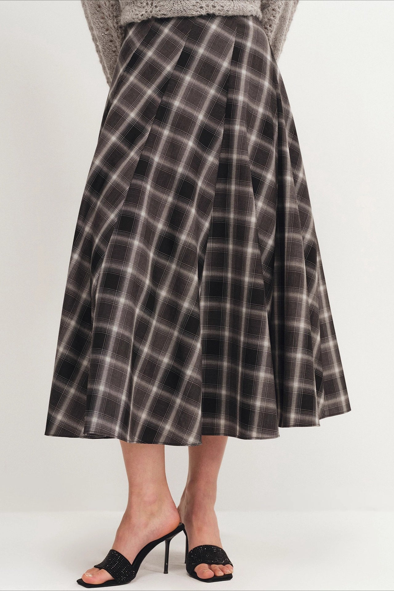 Wool Plaid Waist Defined A-Line Skirt
